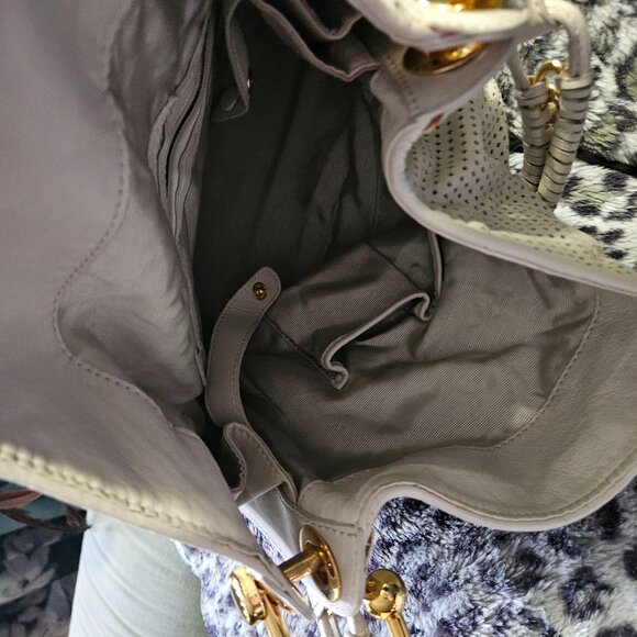 BCBGMaxAzria Cream Buttery Soft Perforated Leather Shoulder Bag, Gold Hardware - Picture 3 of 16